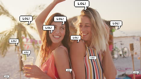 animation of speech bubbles with lol text over female friends dancing on beach