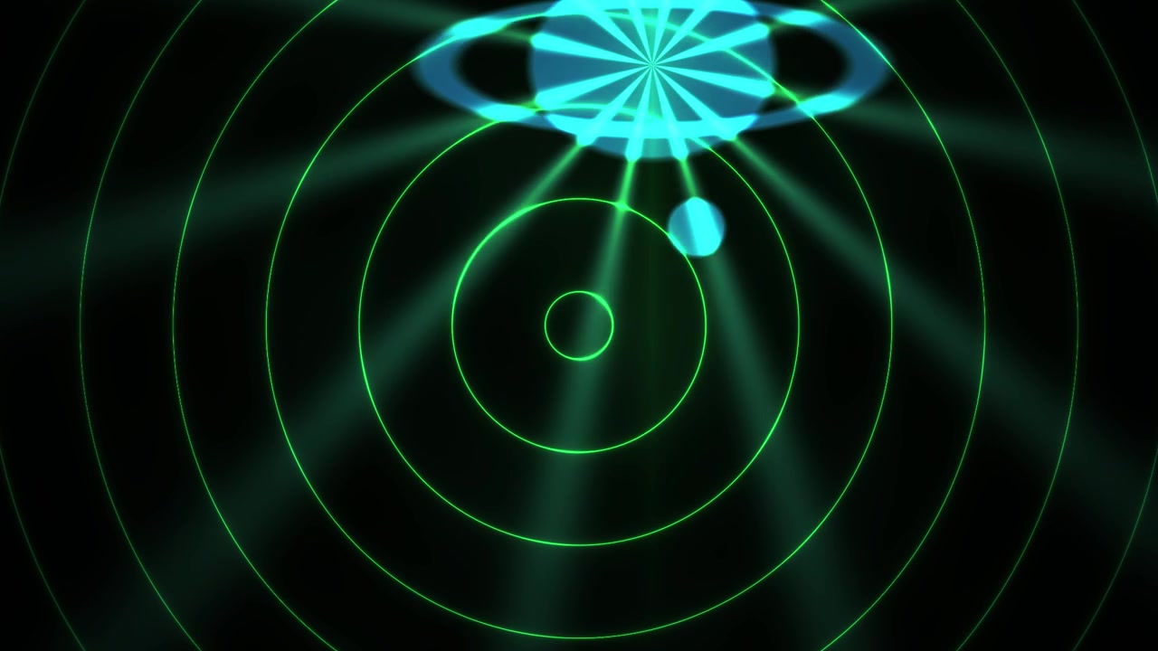 Futuristic Radar Display with Scanning Light Rays and Moving Target