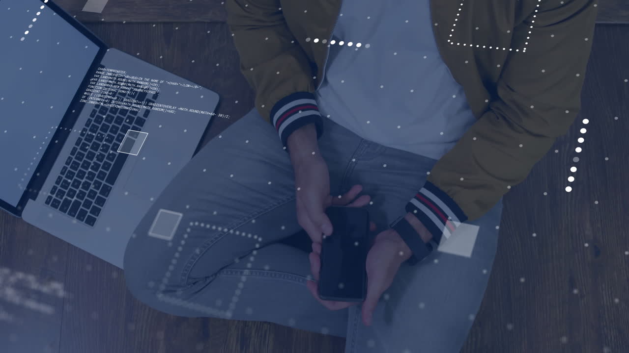 스마트폰을 사용하는 카우카스계 사업가에 대한 금융 데이터 처리 애니메이션