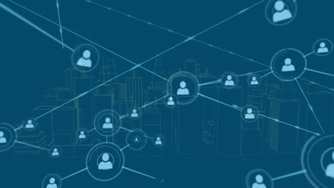 digital animation of network of profile against 3d city model spinning on blue background