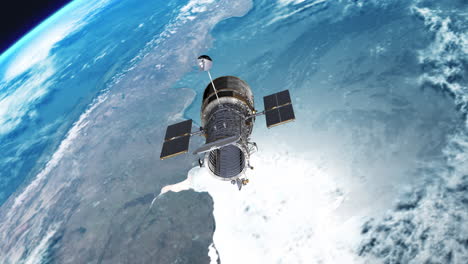 Hubble-Weltraumteleskop-Im-Orbit-Hoch-über-Dem-Planeten-Erde,-Das-Sich-Dreht,-Um-Auf-Die-Sterne-Und-Das-Universum-Zu-Zeigen,-Um-Fotos-Zu-Machen---Realistische-3D-CGI-Animation-4K