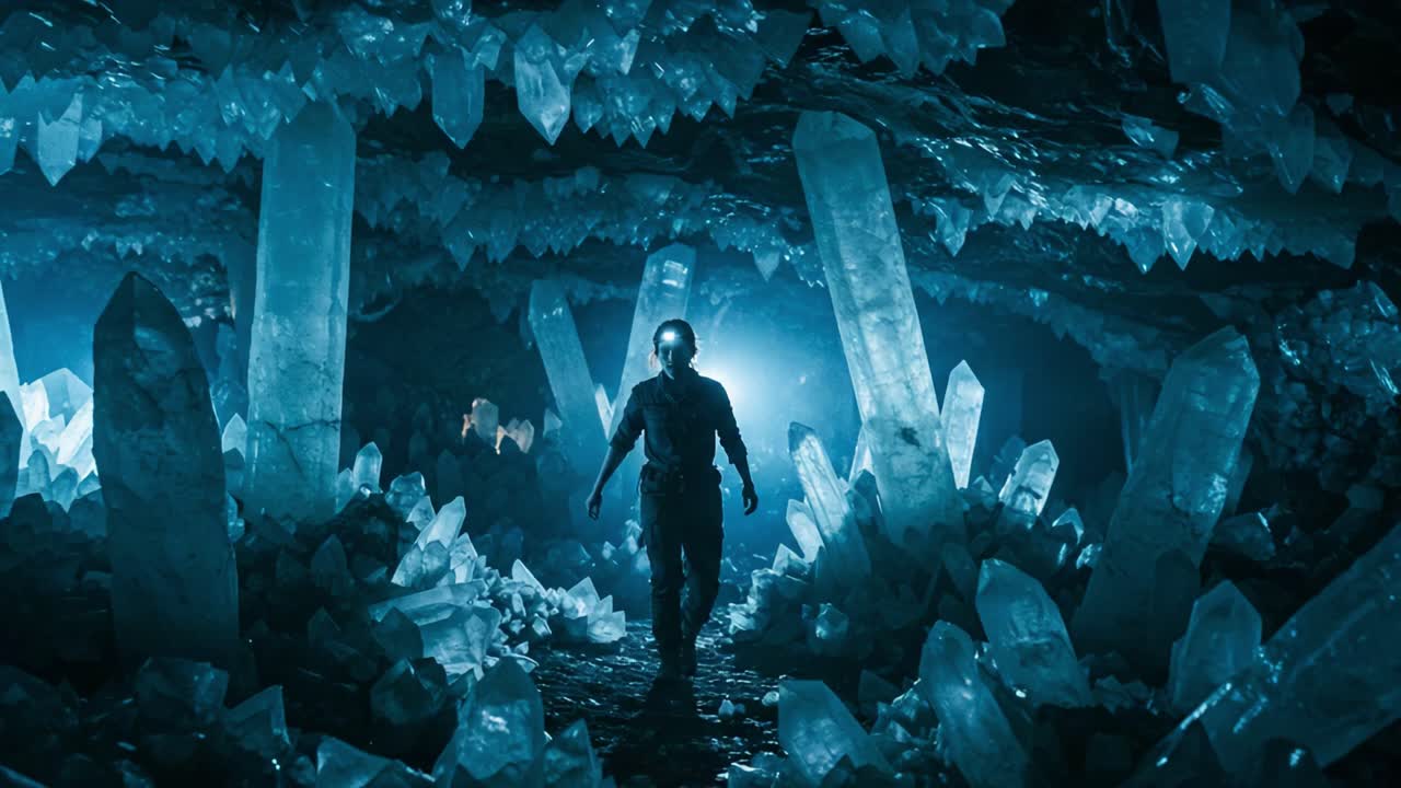 A lone explorer navigates through an enchanting crystal cave, illuminated by shimmering formations, revealing the beauty and wonder of an otherworldly subterranean landscape