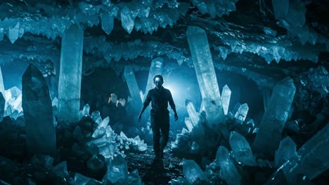 a lone explorer navigates through an enchanting crystal cave, illuminated by shimmering formations, revealing the beauty and wonder of an otherworldly subterranean landscape