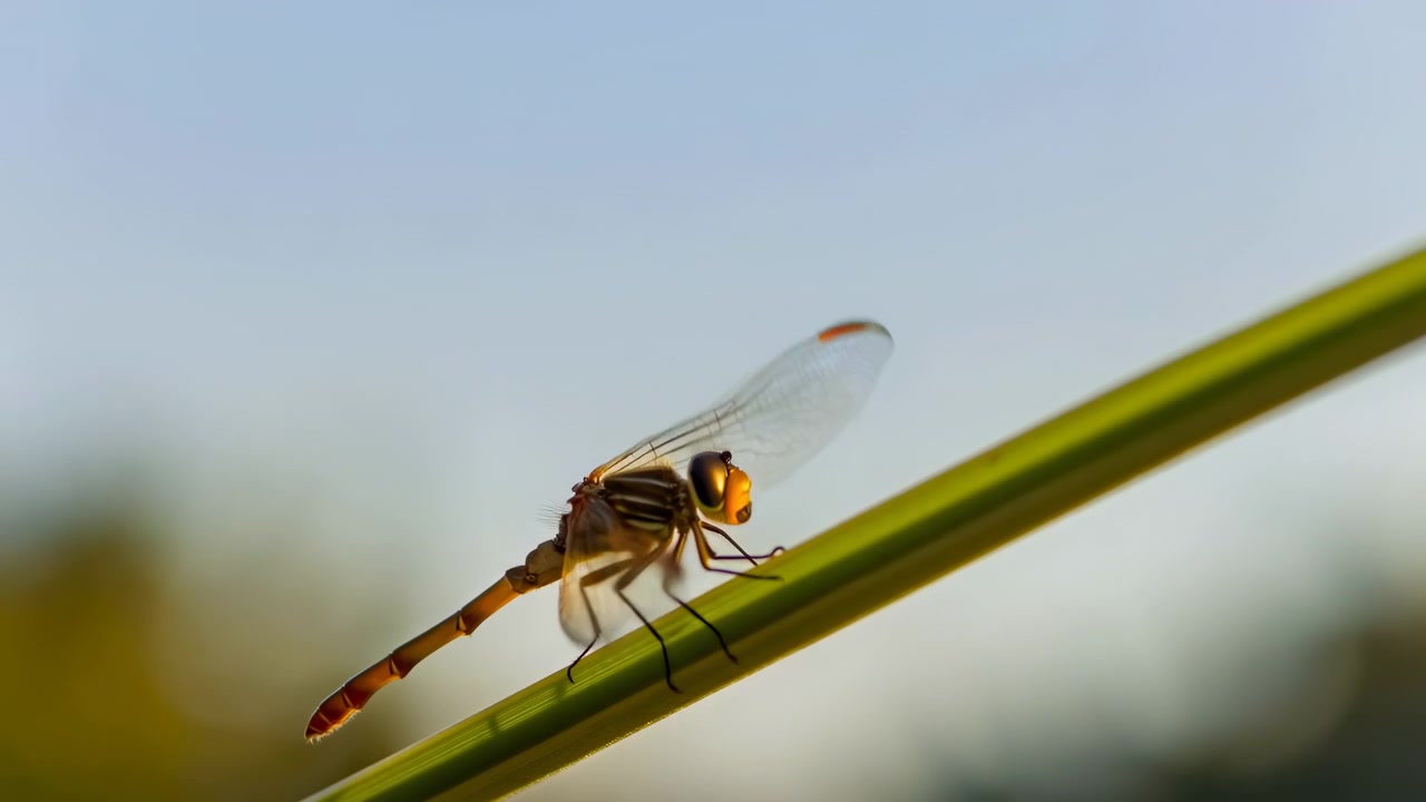 Libellula posata su un filo d'erba, in un ambiente naturale esterno con sfondo sfocato, con libellula, filo d'erba, erba, texture dell'aria, da una prospettiva macro ravvicinata.