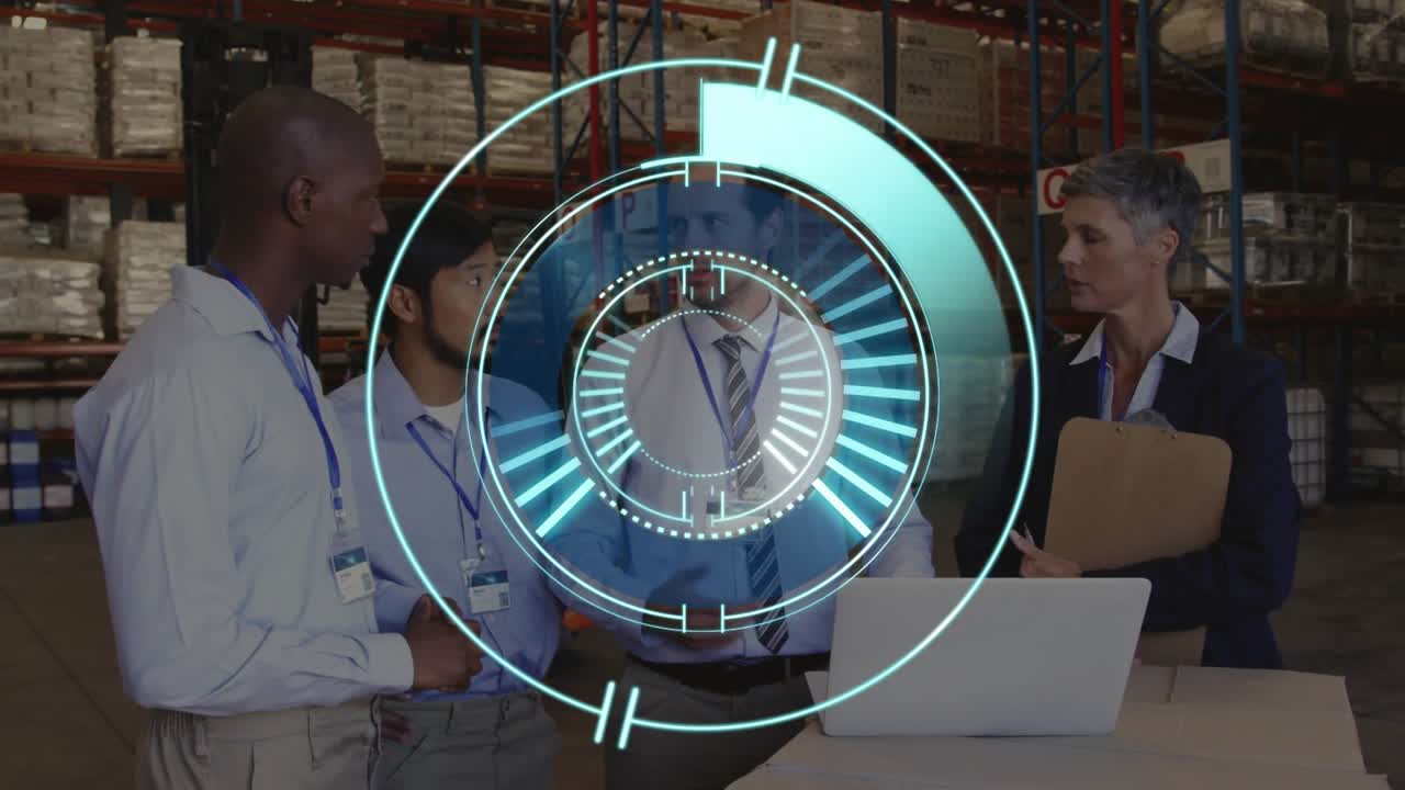 Manager pointing at laptop, sparking HUD overlay; logistics team planning stock with clipboard