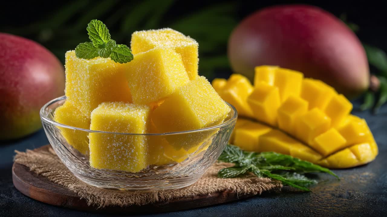 Apetyczna prezentacja świeżych kostek mango z listkami mięty, ukazująca zarówno całe, jak i przetworzone mango w kuszącej aranżacji.
