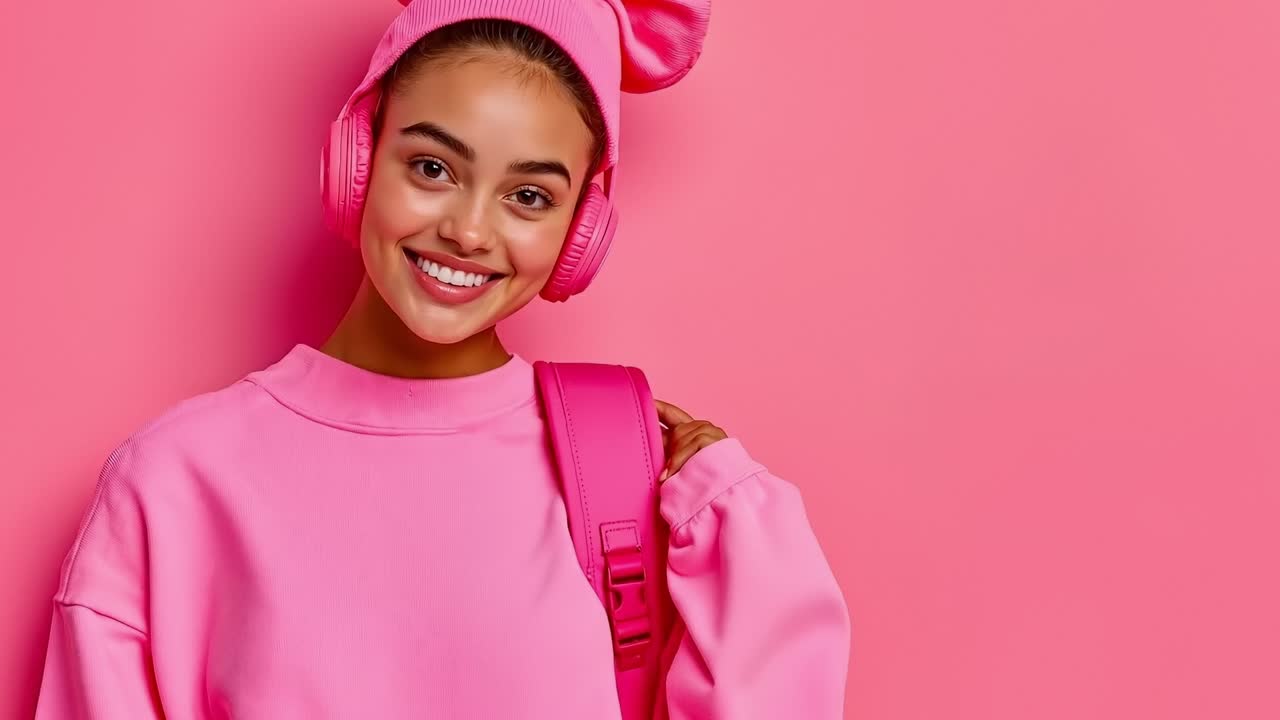 A woman wearing pink headphones and a pink sweatshirt