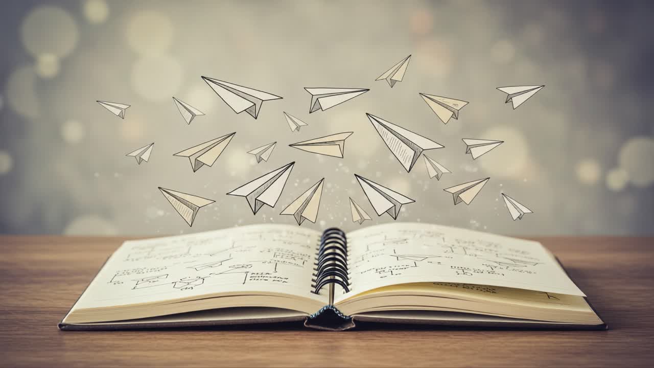 An Inspiring Journey: A Notebook Filled with Ideas Surrounded by Floating Paper Airplanes Symbolizing Creativity and Exploration of Imagination
