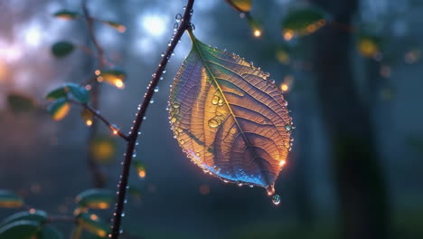 close-up of a leaf with water droplets, backlit and glowing