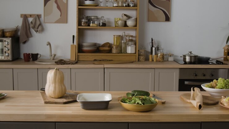 Scena di una cucina con verdure e utensili da cucina sul bancone
