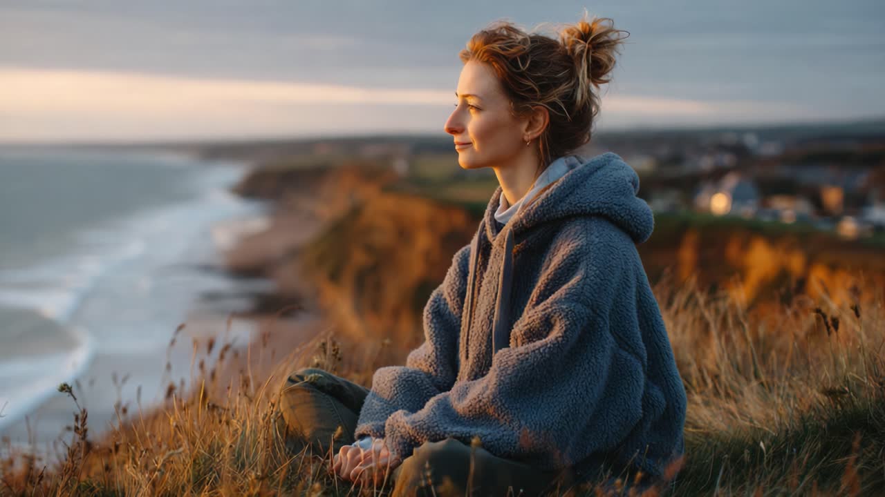 A Serene Moment: A Young Woman Contemplates the Sunset Over a Coastal Landscape, Enveloped in Nature's Beauty and Calmness Amidst Gentle Breezes