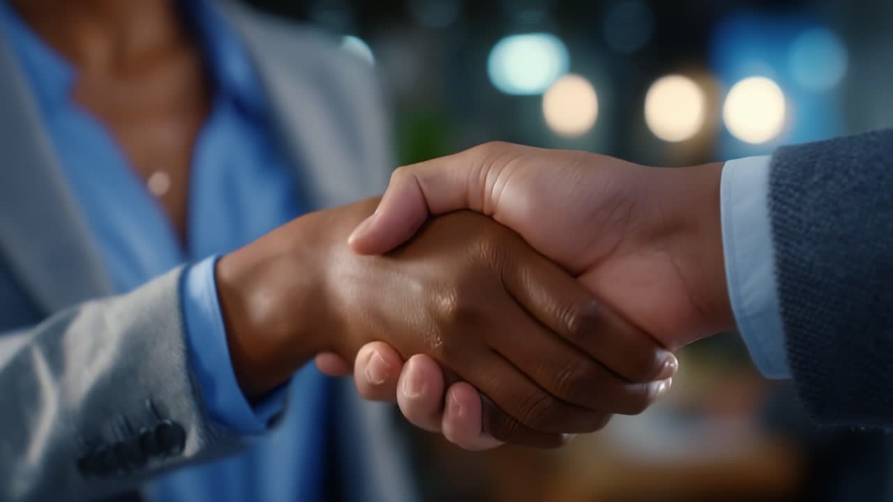 A firm handshake between two individuals signifies agreement, partnership, and collaboration in a professional and welcoming environment with blurred background lights