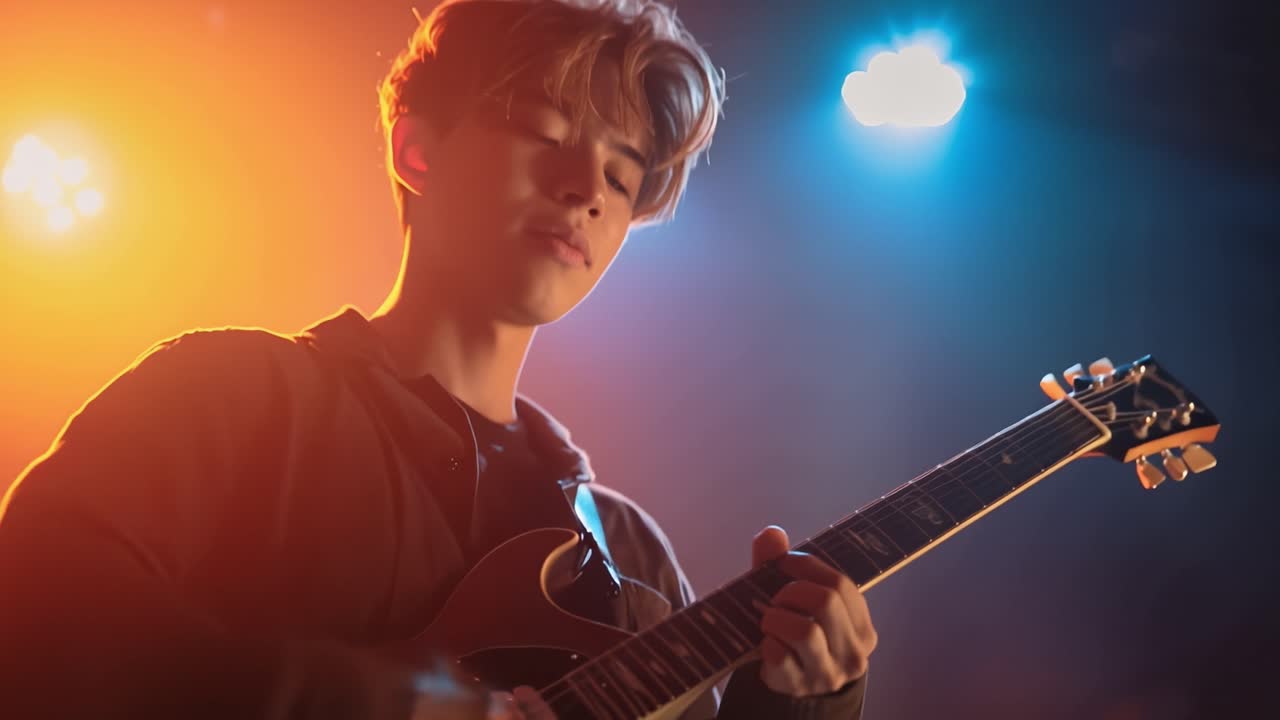 Ung mand spiller elektrisk guitar på scenen med dramatisk belysning.