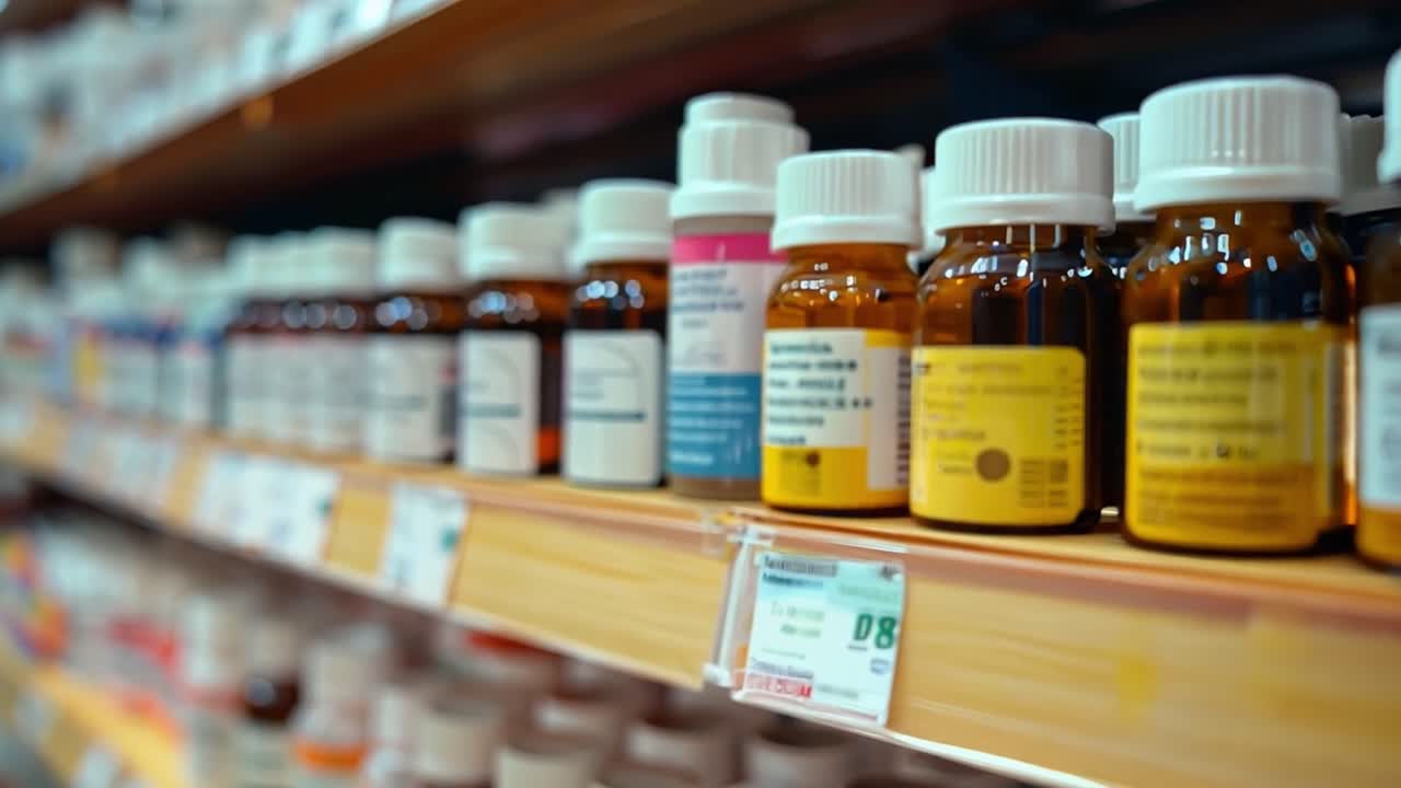 Bottles of Medicine on a Pharmacy Shelf