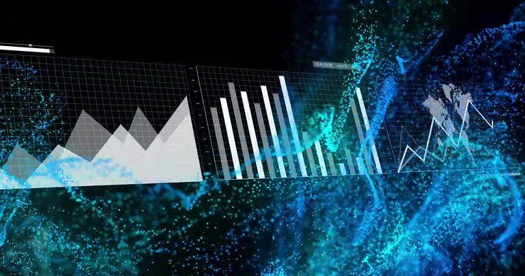 Central triangular area chart showing layered peaks floating over blue green particle visualization