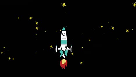 animation of space rocket flying in space over stars on black background