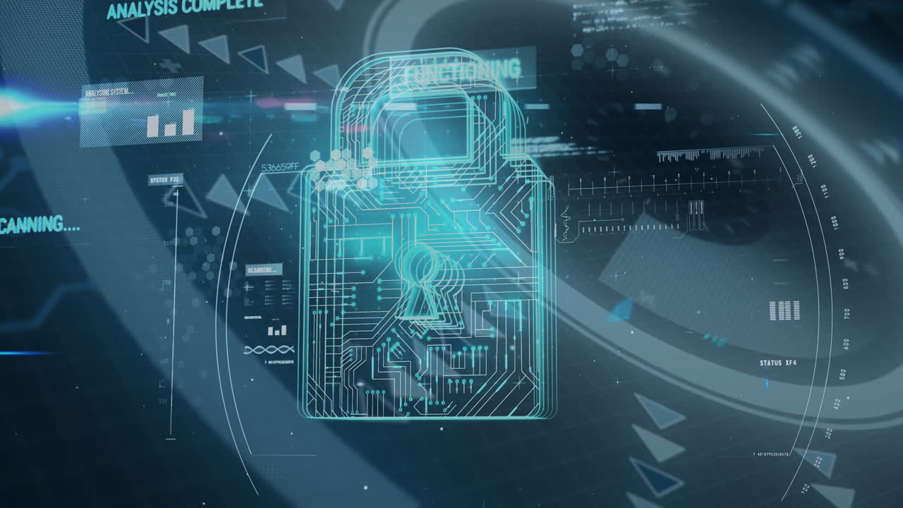 Futuristic digital lock with circuit patterns and data processing animation