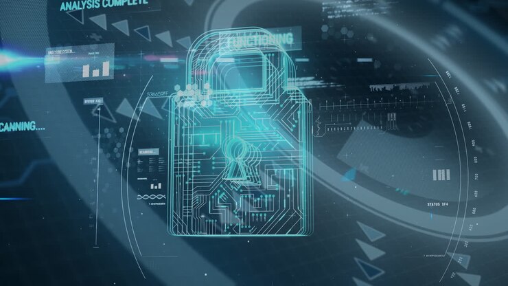 Futuristic digital lock with circuit patterns and data processing animation