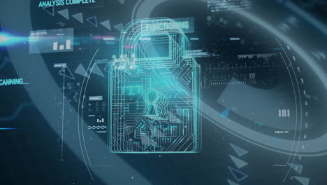 futuristic digital lock with circuit patterns and data processing animation