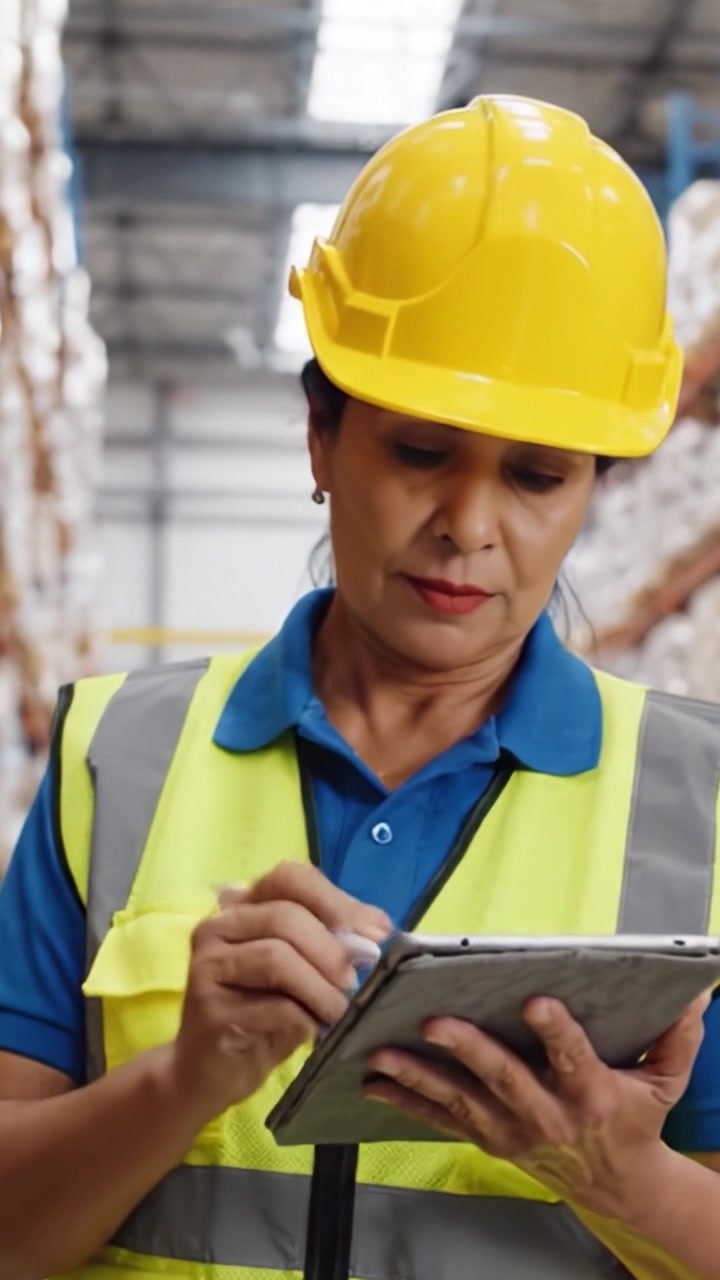 Focused Warehouse Worker in Safety Gear Analyzing Inventory with Notepad and Pen, Displaying Dedication and Attention to Detail in a Modern Storage Environment
