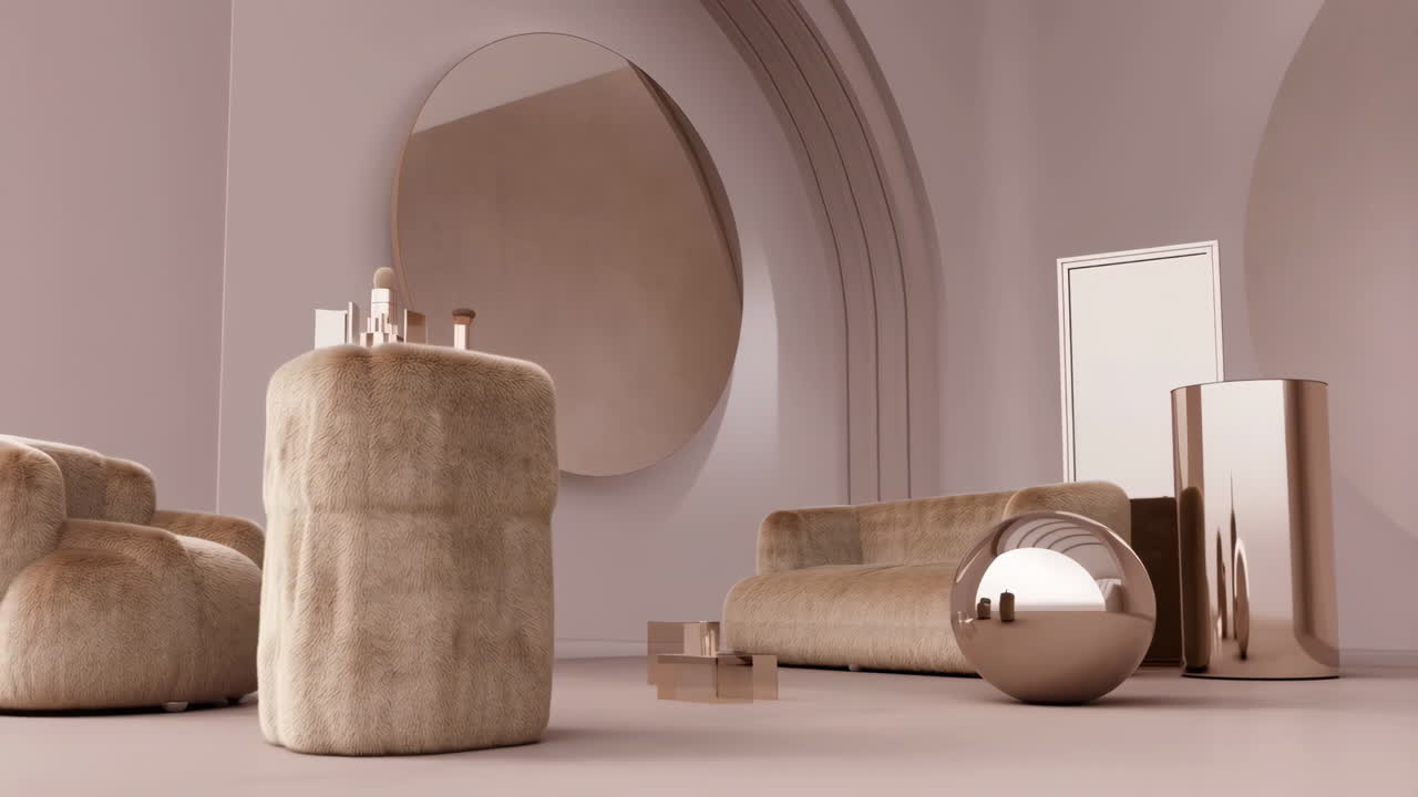 Elegant Modern Living Room with Furry Furniture and Metallic Accents