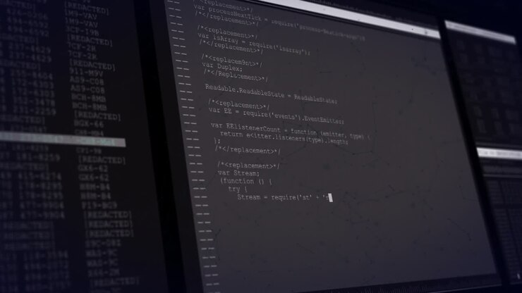 Animation of data text processing on dark interface screens