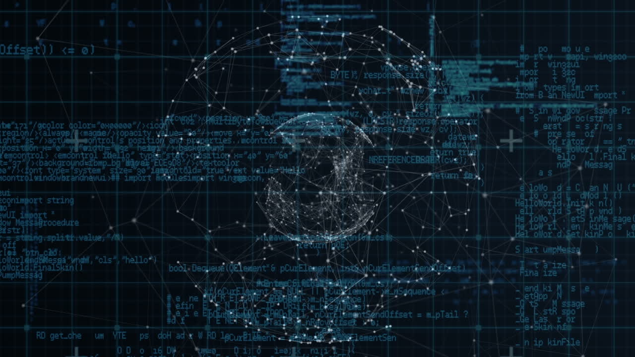 animación de la red de conexiones, globo y procesamiento de datos en el espacio digital