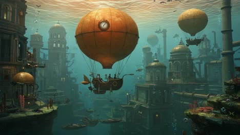 a mesmerizing journey through an underwater city filled with intricately designed buildings and floating hot air balloons, capturing a blend of fantasy and adventure