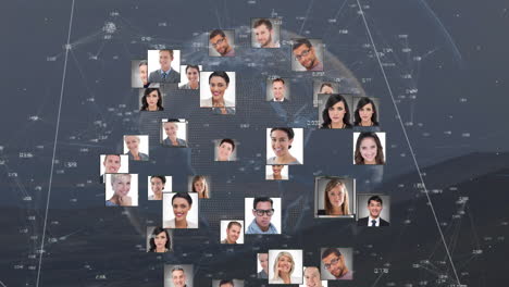 Animation-of-globe-with-connections-and-photos-of-diverse-business-people