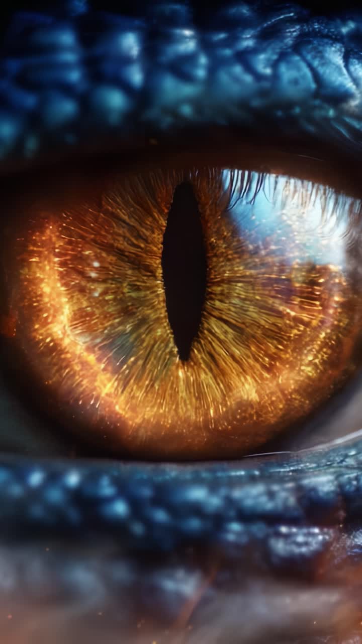 Astonishing Close-Up of a Dragon's Eye Capturing Intricate Details and Vibrant Colors Featuring a Mesmerizing Golden Iris with Pupil and Luminous Highlights