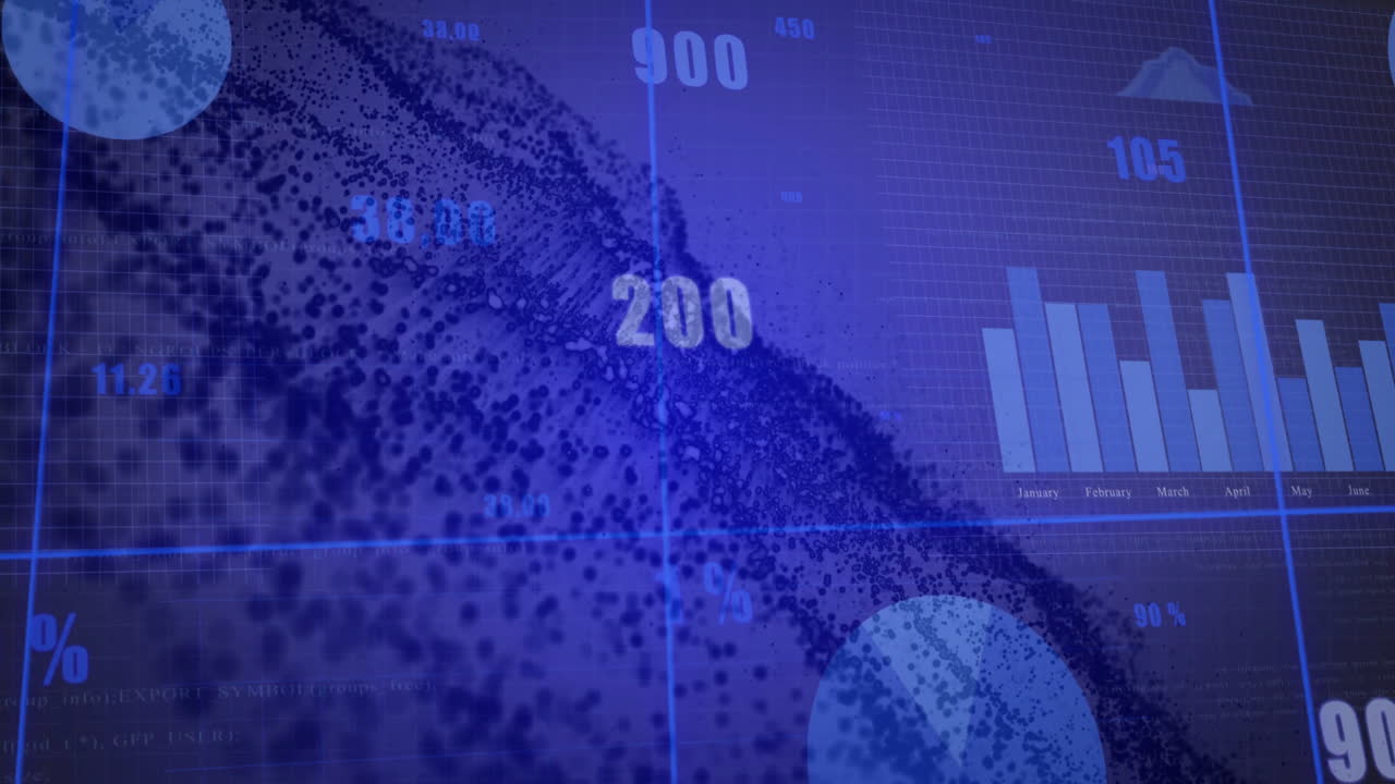 Graphs and numerical values with animation on abstract blue background