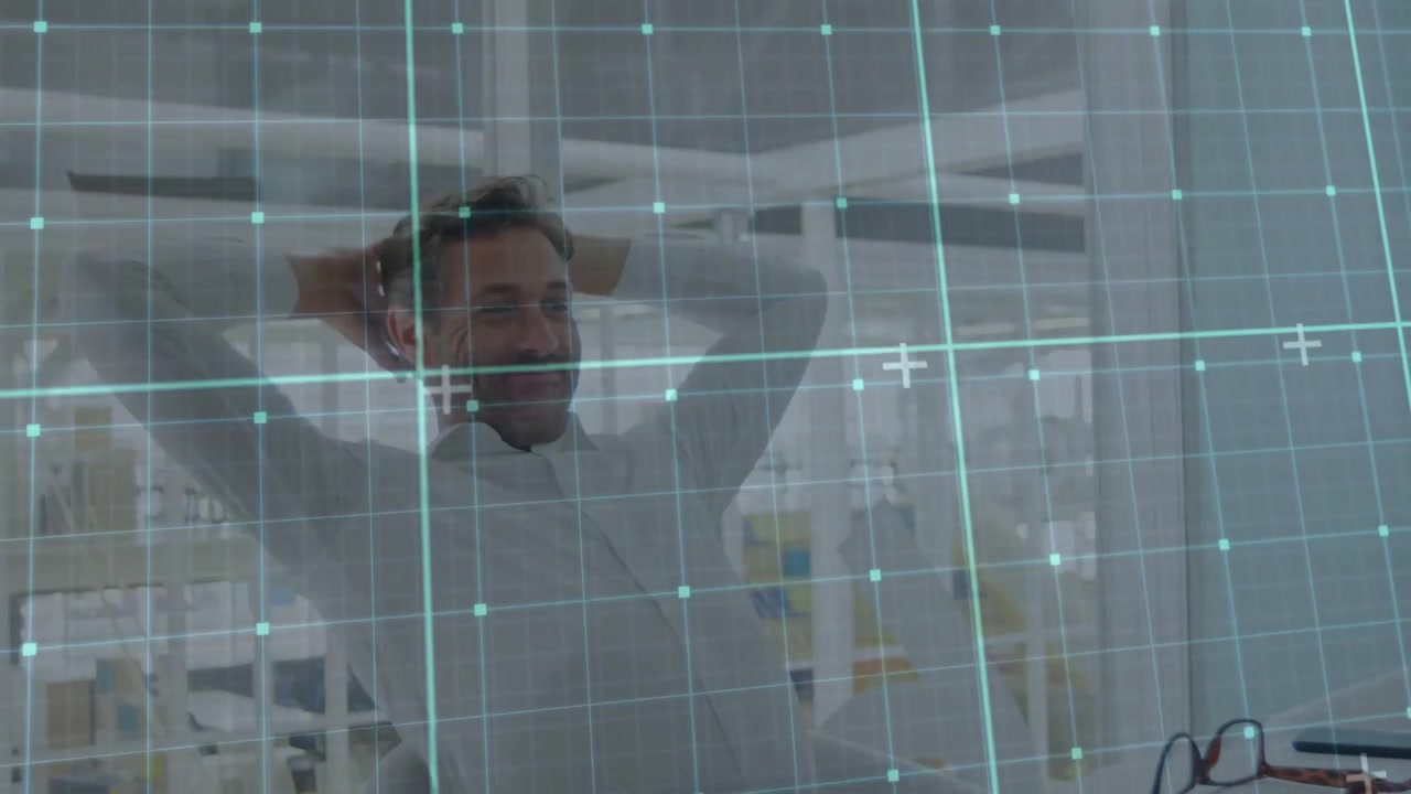 Pausing typing, man in shirt at desk adjusting glasses, pointing at screen, stretching to rest, HUD
