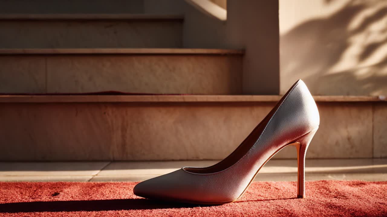 Elegante scarpa col tacco su una scalinata con moquette rossa, che cattura l'essenza della raffinatezza e dello stile in un ambiente lussuoso
