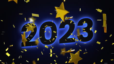 animación del texto de 2023 sobre estrellas doradas que caen sobre un fondo azul.