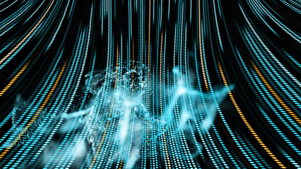 Bottom emitter sending cyan plume, rising curling into ribbons over dotted curtain for texture