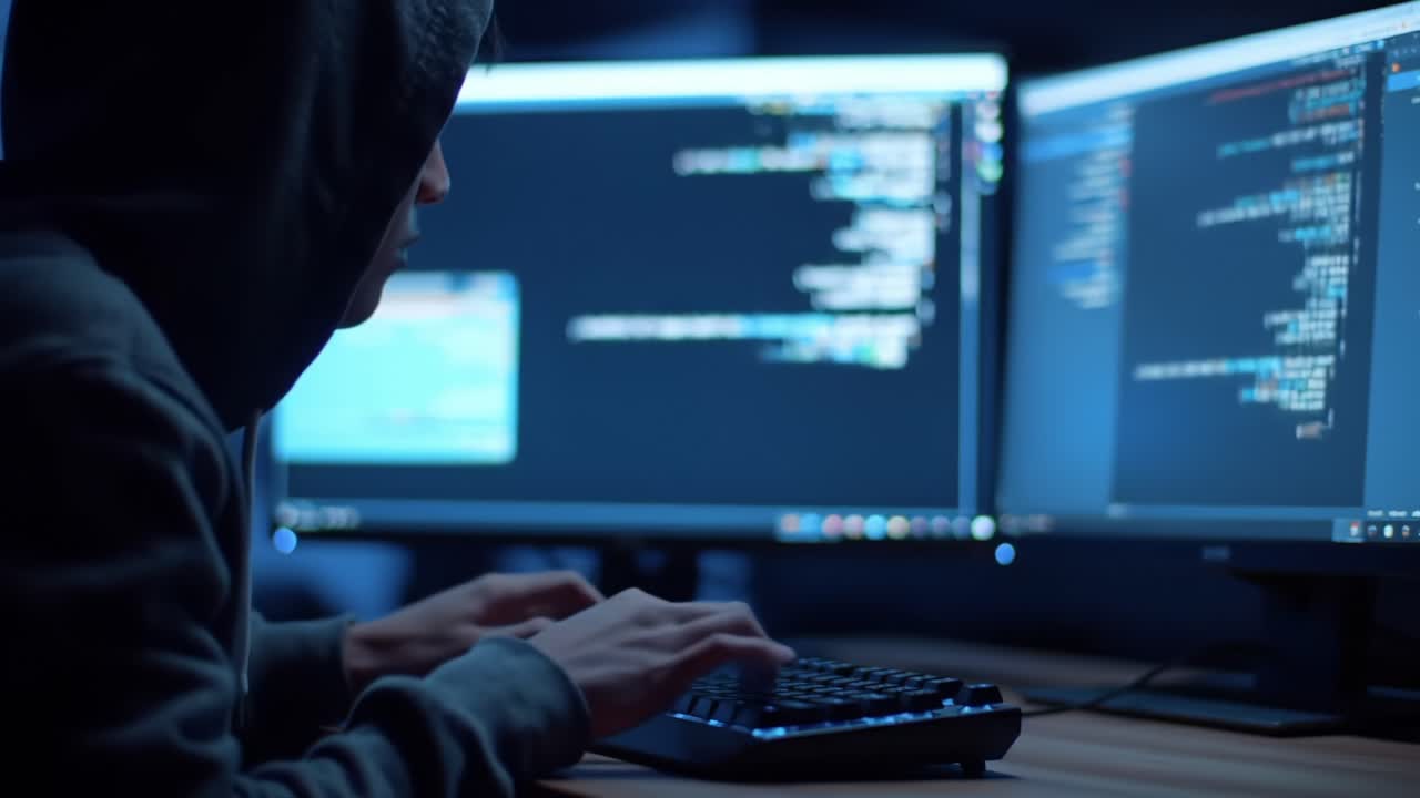 A hooded programmer intensely focuses on multiple screens filled with code, showcasing the world of software development and cybersecurity in a dimly lit environment