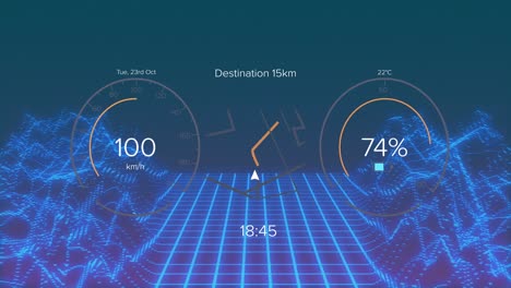 animation of interface with charging battery icon and speedometer over moving shapes