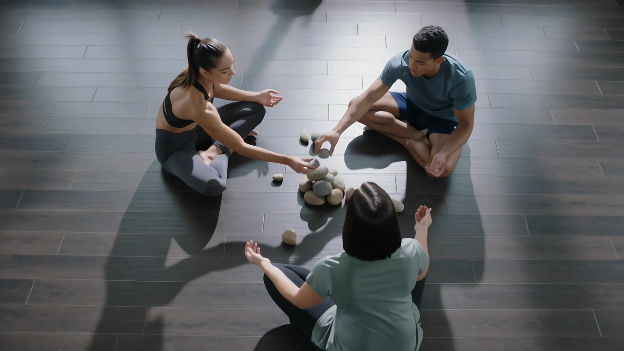 Reaching trio in yoga wear seeing stones, picking and stacking on dark wood floor under light