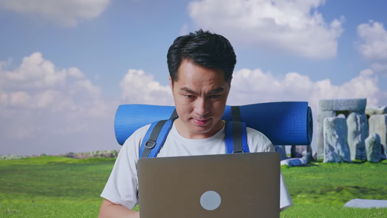 Man Working Remotely at a Historical Site