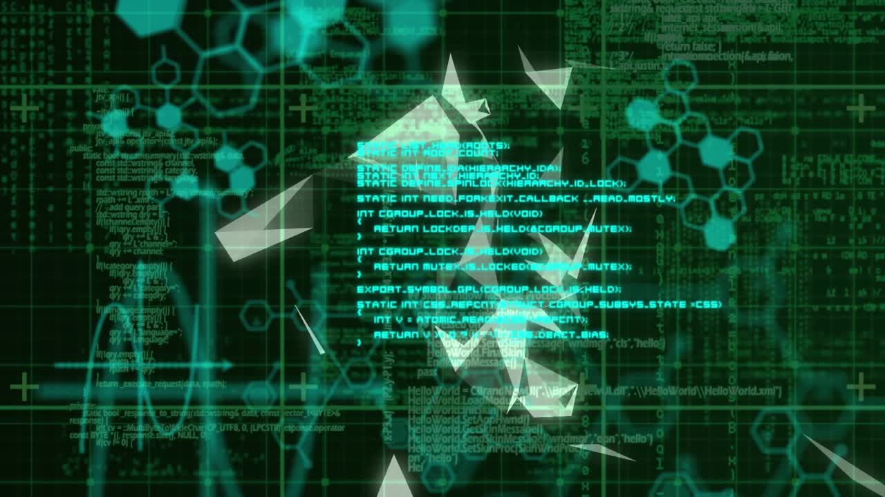 Animation of data processing and chemical formula over shapes on black backrgound