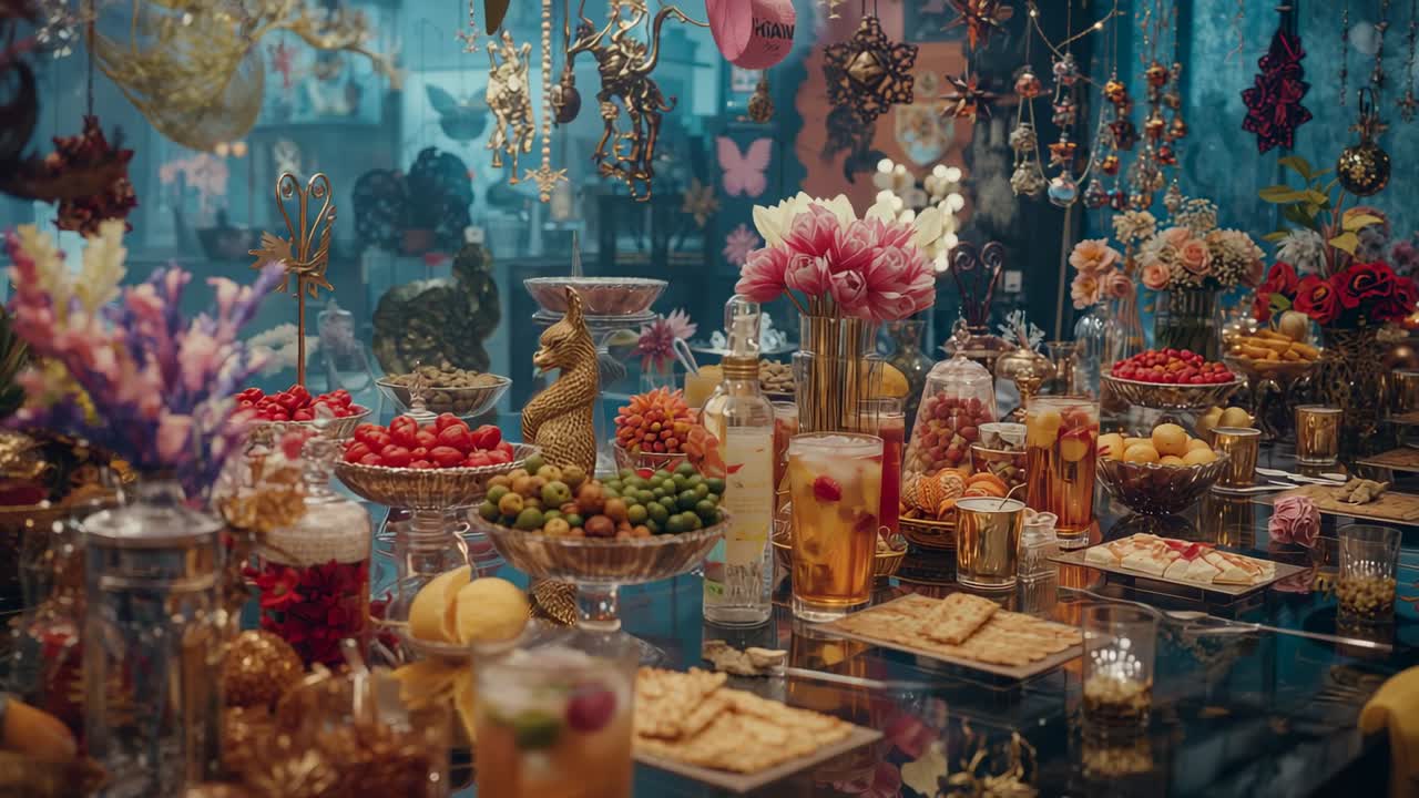 Initiating moving camera approaching and panning across lounge tabletop, highlighting fruit bowls