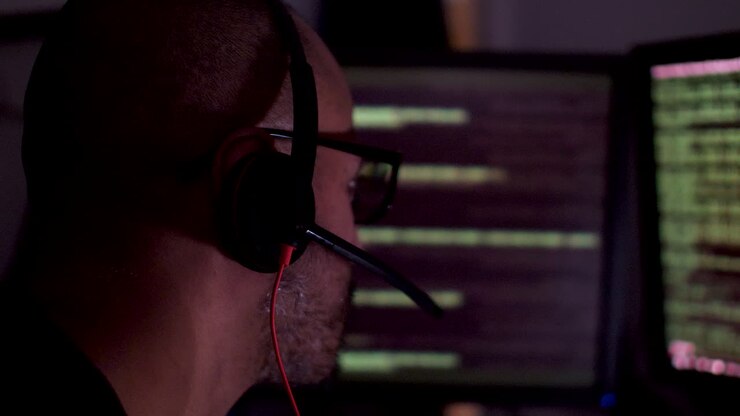 Mand med headset i mørkt rum analyserer strømmende data på flere computerskærme, set fra siden, intenst fokus