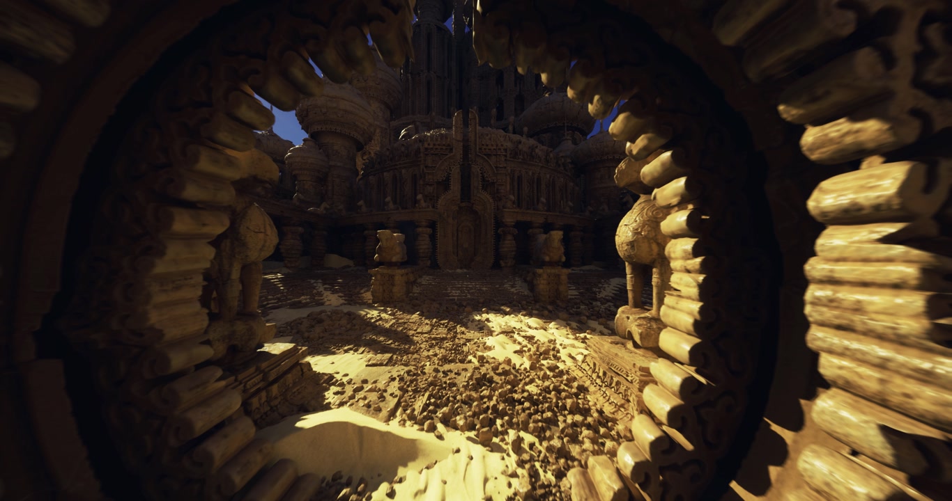 Radiant open space adorned with statues and textured flooring