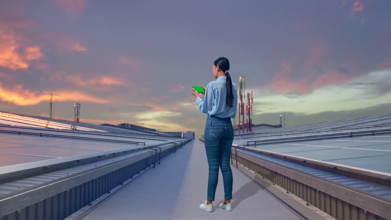 Vista posteriore a figura intera di una donna asiatica con smartphone a schermo verde, che ispeziona pannelli solari industriali sul tetto, in un impianto industriale.