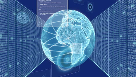 animation of data processing over spinning globe against computer servers in seamless pattern