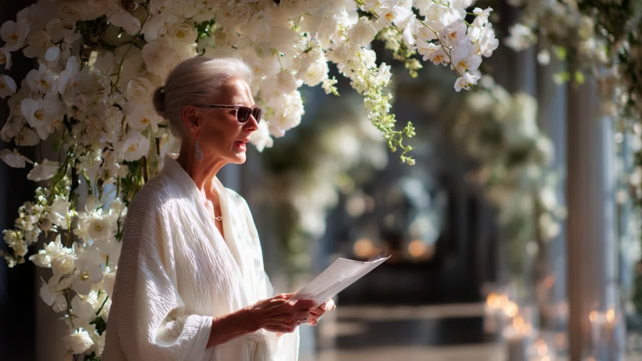Elegante signora anziana che legge un discorso circondata da splendide orchidee bianche in un luogo con illuminazione soffusa, ricco di raffinate composizioni floreali e atmosfera romantica