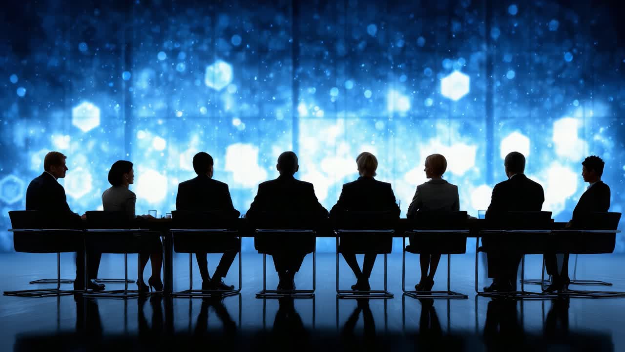 Silhouetted Group of Professionals Engaged in a Discussion Against a Dazzling Blue Background, Symbolizing Collaboration and Leadership in a Virtual Setting