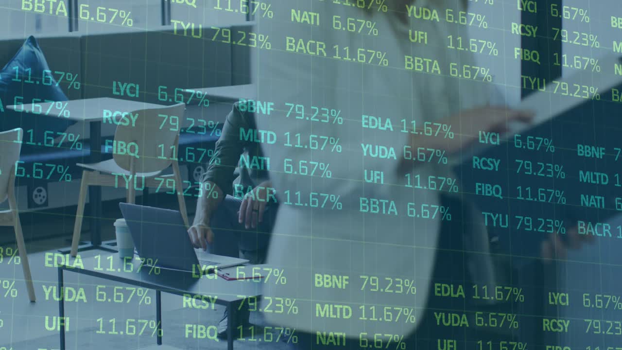 Animation of financial data processing over diverse business people