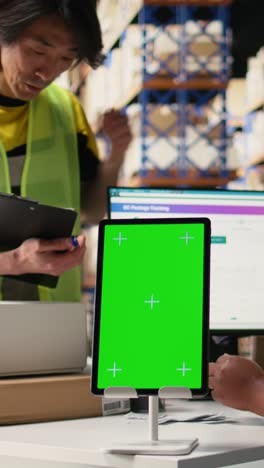 vertical video employee reviews copy space monitor in the storage room for data entry