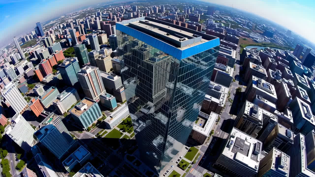 High-angle view of a modern city with skyscrapers and urban development